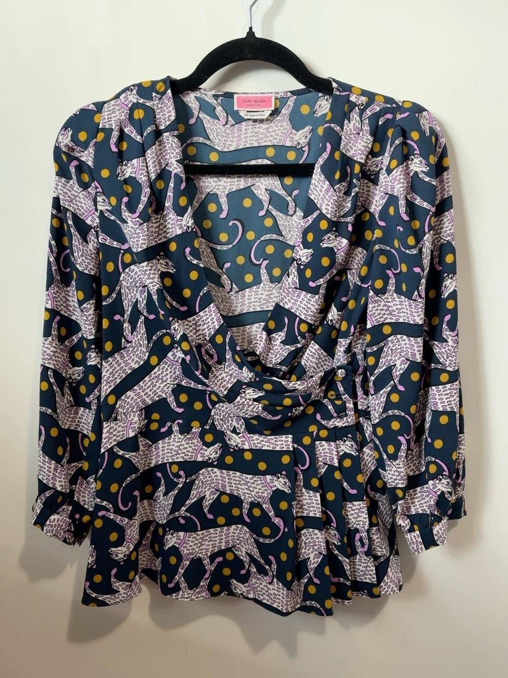 kate spade Navy Leopard & Dot Cowl-Front Blouse